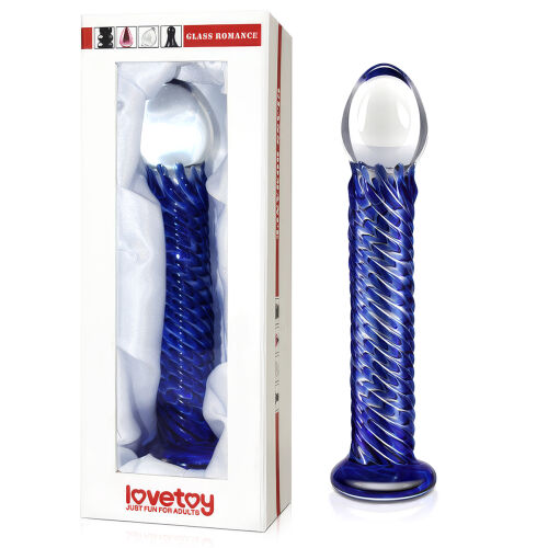Sklenené dildo modré hladké s drážkami 19 cm - 70392087