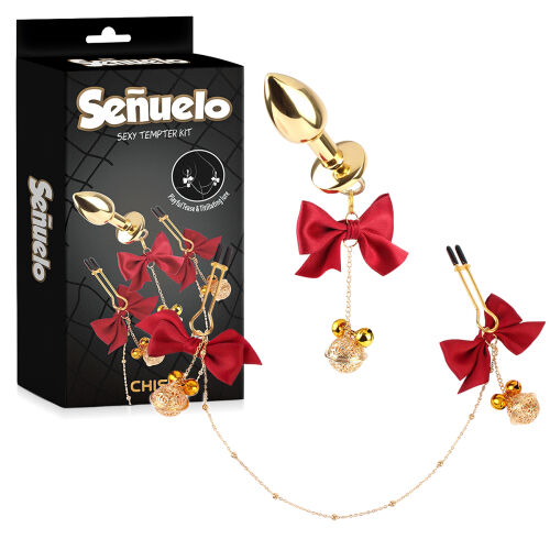 Sada análny kolík + svorky na bradavky s červenými stužkami - 79050503