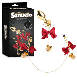 Sada análny kolík + svorky na bradavky s červenými stužkami - 79050503